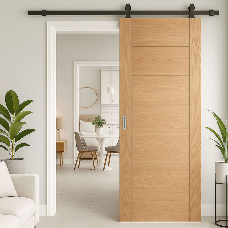 Top Mounted Black Sliding Track & Door - Carini Oak Internal Door - Prefinished