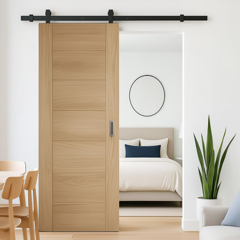 Top Mounted Black Sliding Track & Door - Carini Oak Internal Door - Unfinished