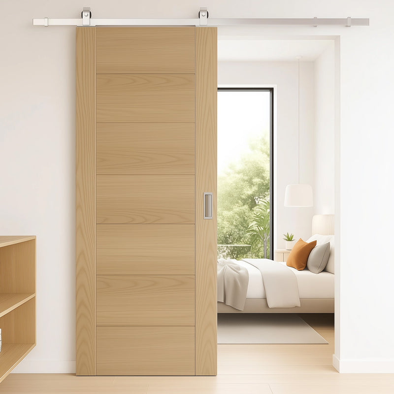 Top Mounted Stainless Steel Sliding Track & Door - Carini Oak Internal Door - Unfinished