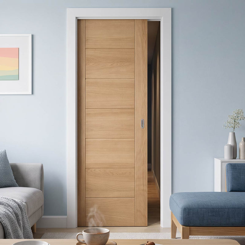 Carini 7 Panel Oak Flush Evokit Pocket Fire Door - 30 Minute Fire Rated - Prefinished