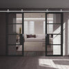 Top Mounted Stainless Steel Sliding Track & Double Door - Chelsea 4 Pane Black Primed Doors - Clear Glass