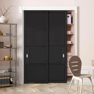 Image: Minimalist Wardrobe Door & Frame Kit - Two Chelsea 4 Panel Black Painted Door - Prefinished
