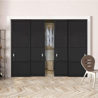 Image: Minimalist Wardrobe Door & Frame Kit - Four Chelsea 4 Panel Black Painted Door - Prefinished