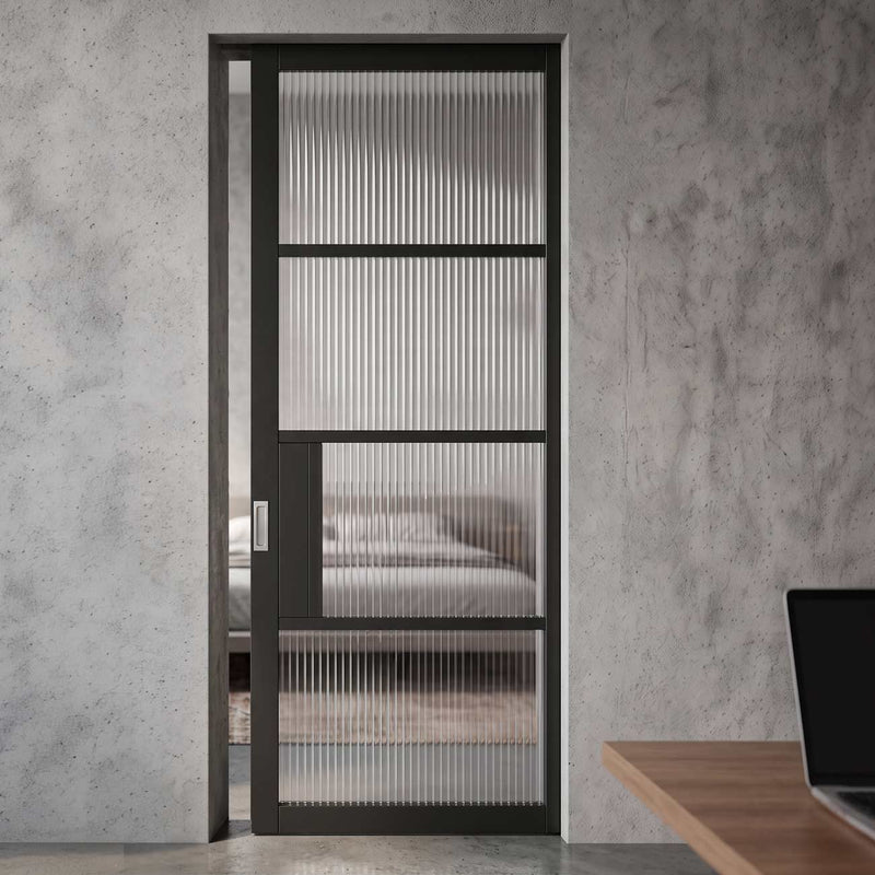 Chelsea 4 Pane Black Primed Absolute Frameless Single Pocket Door - Clear Reeded Glass