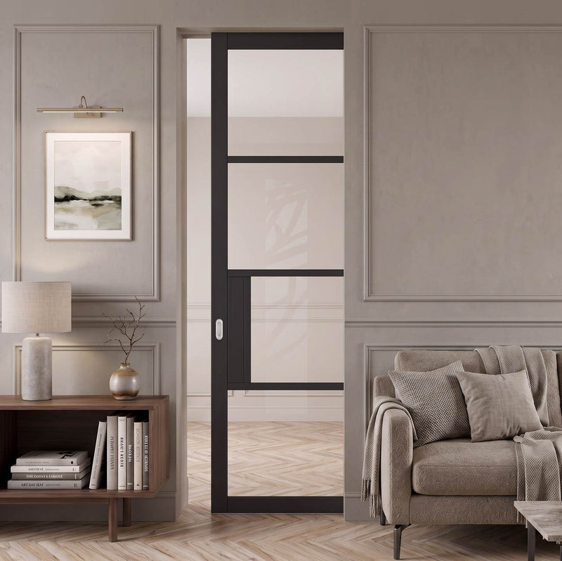 Chelsea 4 Pane Black Primed Absolute Frameless Single Pocket Door - Clear Glass