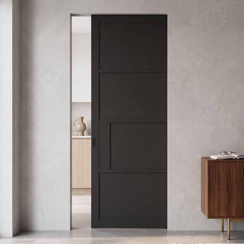 Chelsea 4 Panel Black Painted Absolute Frameless Single Pocket Door - Prefinished