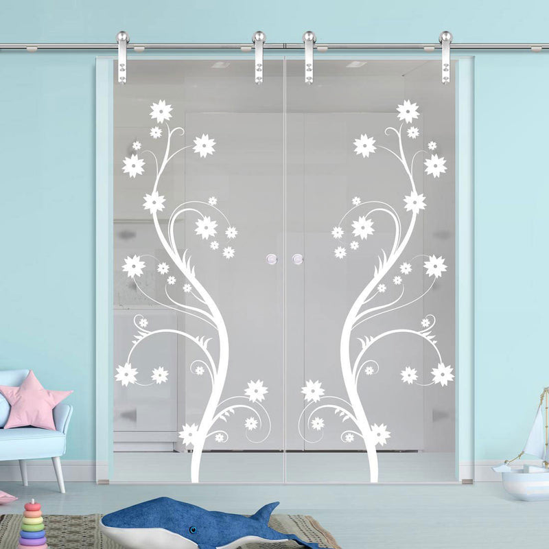 Double Glass Sliding Door - Solaris Tubular Stainless Steel Sliding Track & Cherry Blossom 8mm Clear Glass - Obscure Printed Design