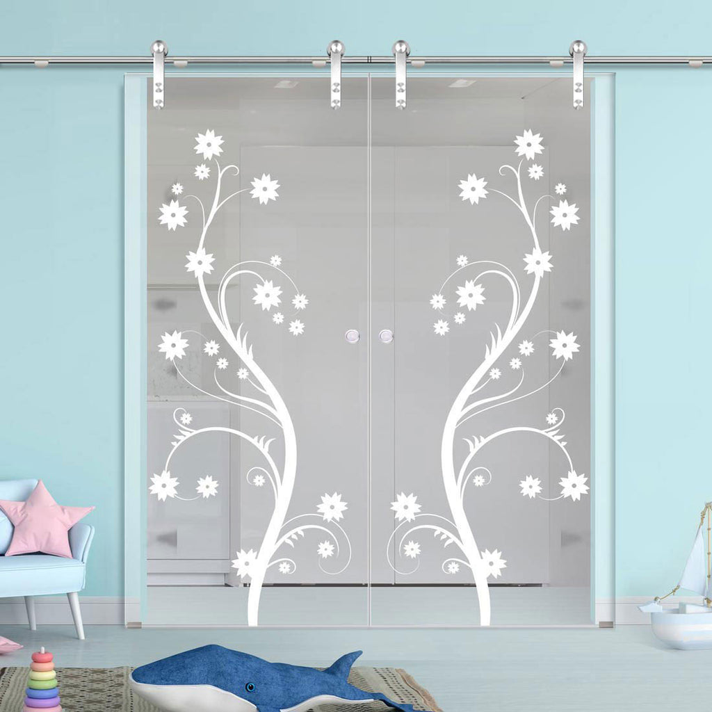 Double Glass Sliding Door - Solaris Tubular Stainless Steel Sliding Track & Cherry Blossom 8mm Clear Glass - Obscure Printed Design