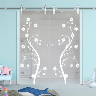 Image: Double Glass Sliding Door - Solaris Tubular Stainless Steel Sliding Track & Cherry Blossom 8mm Clear Glass - Obscure Printed Design