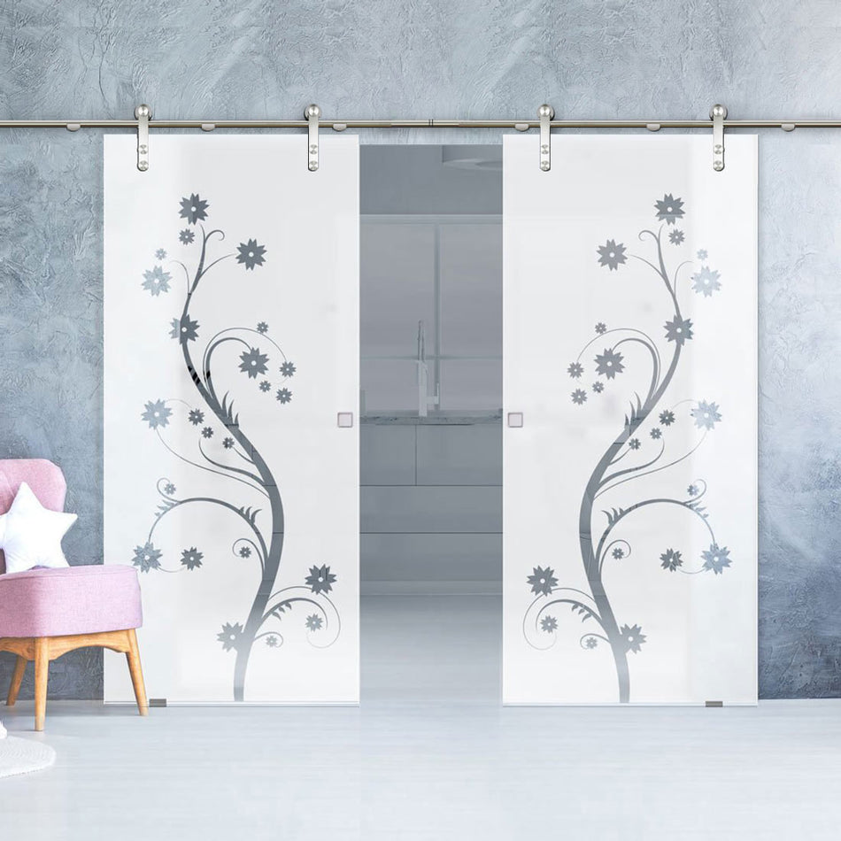 Double Glass Sliding Door - Solaris Tubular Stainless Steel Sliding Track & Cherry Blossom 8mm Obscure Glass - Clear Printed Design