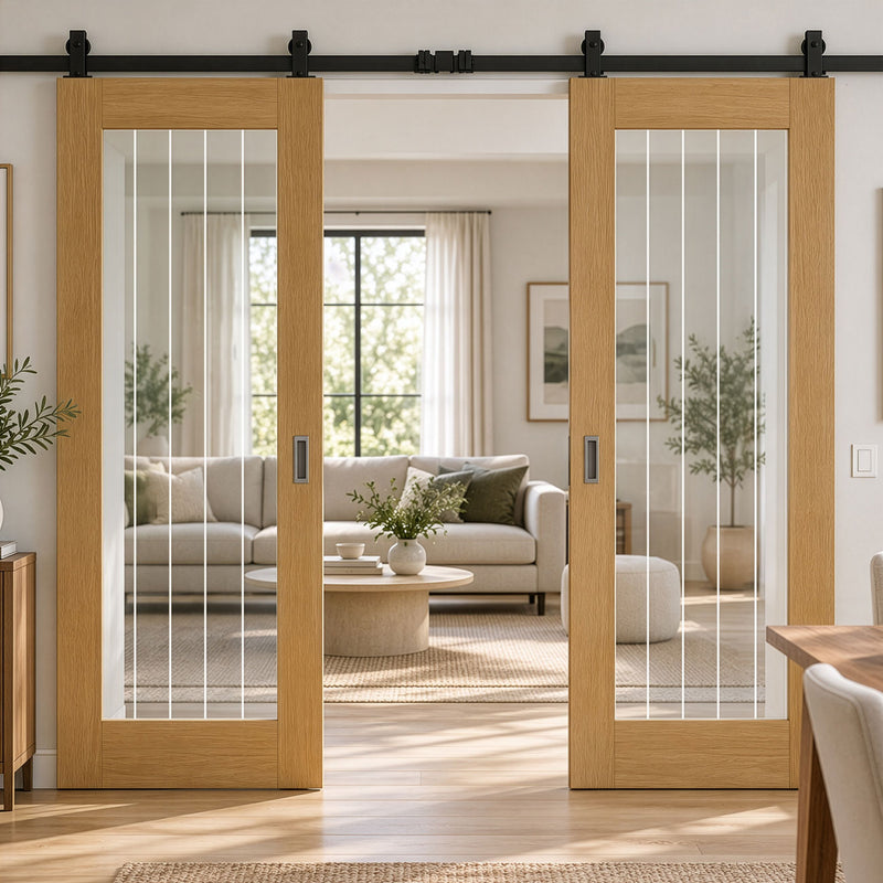 Top Mounted Black Sliding Track & Double Door - Valdor Cheshire Oak Door - Clear Glass - Prefinished