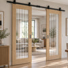 Top Mounted Black Sliding Track & Double Door - Valdor Cheshire Oak Door - Clear Glass - Unfinished