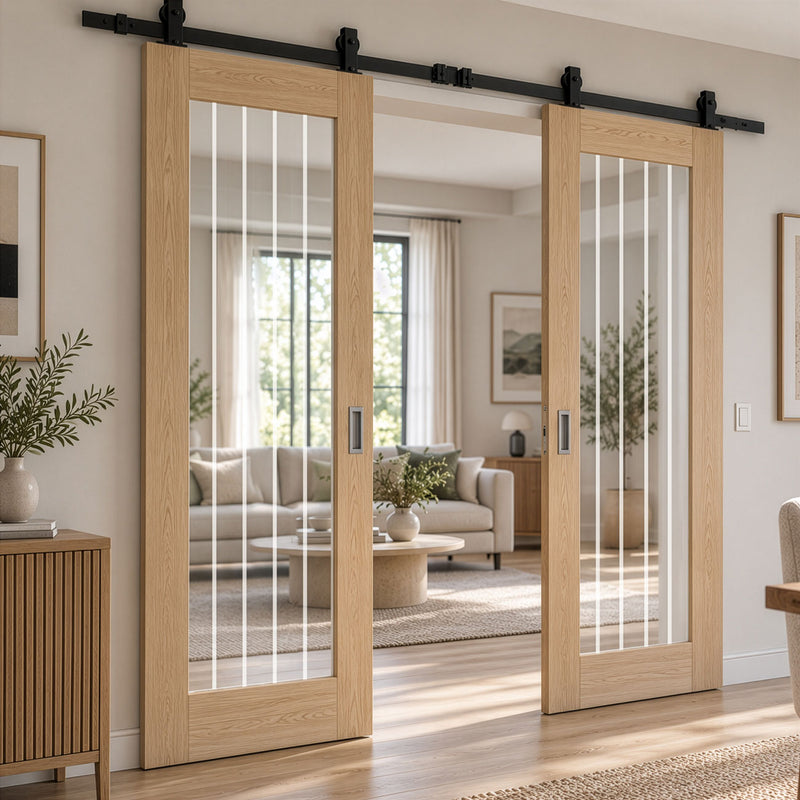 Top Mounted Black Sliding Track & Double Door - Valdor Cheshire Oak Door - Clear Glass - Unfinished