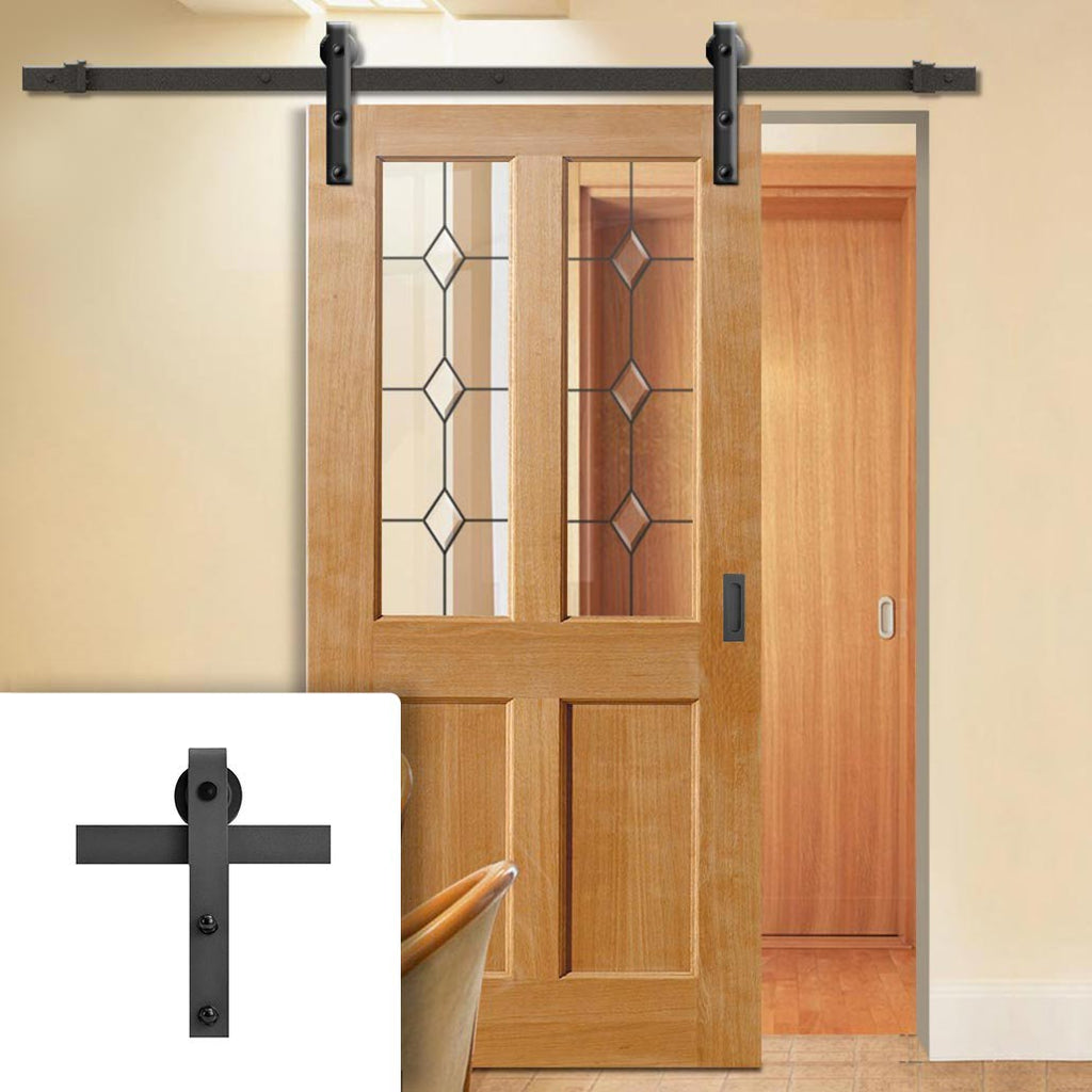 Single Sliding Door & Black Barn Track - Churnet Oak Door - Leaded Clear glass
