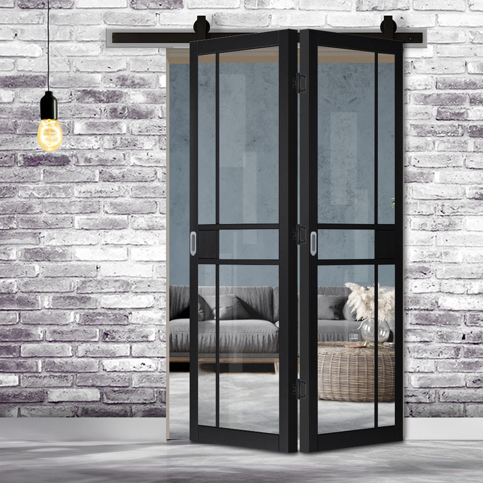 Sliding Top Mounted Black Folding Track & Double Door - Industrial City Black Internal Door - Clear Glass - Prefinished