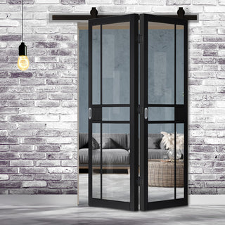 Image: SpaceEasi Top Mounted Black Folding Track & Double Door - Industrial City Black Internal Door - Clear Glass - Prefinished