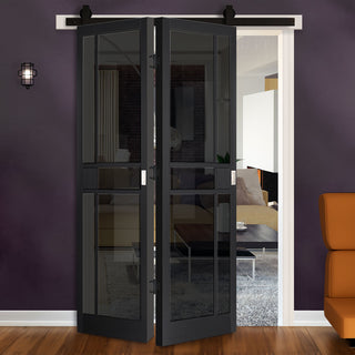 Image: SpaceEasi Top Mounted Black Folding Track & Double Door - Industrial City Black Internal Door - Tinted Glass - Prefinished