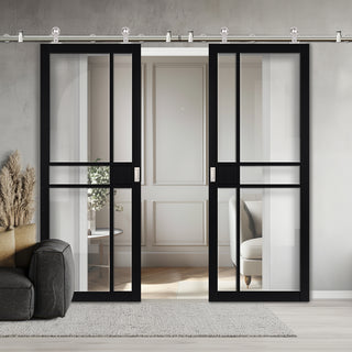 Image: Sirius Tubular Stainless Steel Sliding Track & Double Door - Industrial City Black Internal Door - Clear Glass - Prefinished