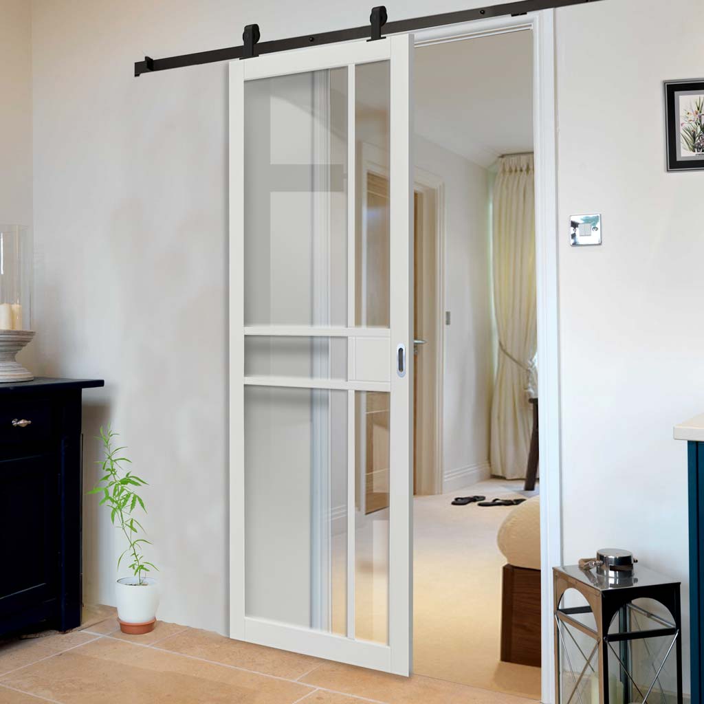 Top Mounted Black Sliding Track & Door - Industrial City White Internal Door - Clear Glass - Prefinished