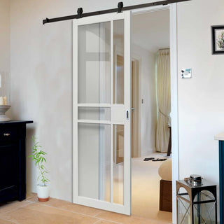 Image: Top Mounted Black Sliding Track & Door - Industrial City White Internal Door - Clear Glass - Prefinished