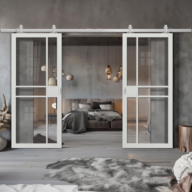 Top Mounted Stainless Steel Sliding Track & Double Door - Industrial City White Internal Door - Clear Glass - Prefinished