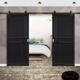 Image: Top Mounted Black Sliding Track & Double Door - Industrial City Black Panel Internal Door - Prefinished