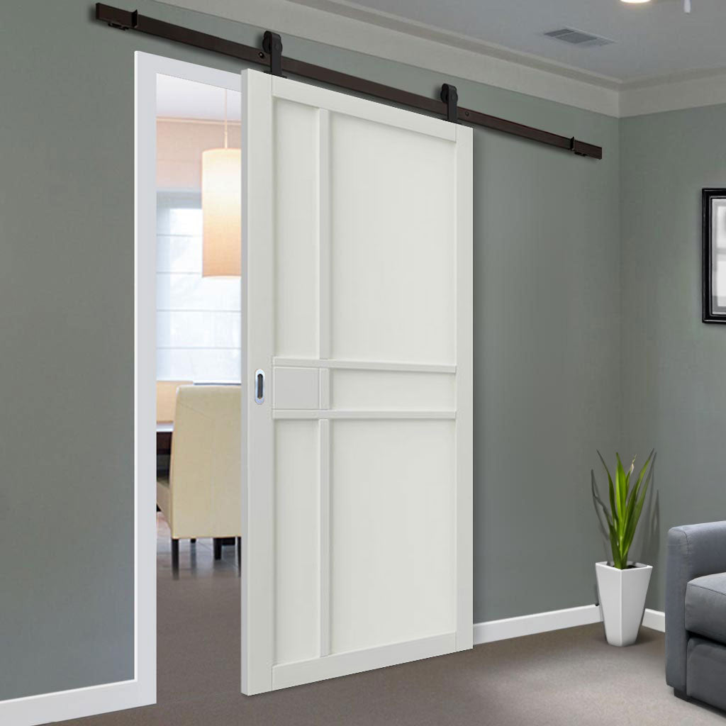 Top Mounted Black Sliding Track & Door - Industrial City White Panel Internal Door - Prefinished