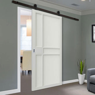 Image: Top Mounted Black Sliding Track & Door - Industrial City White Panel Internal Door - Prefinished