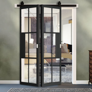 Image: SpaceEasi Top Mounted Black Folding Track & Double Door - Industrial Civic Black Internal Door - Clear Glass - Prefinished