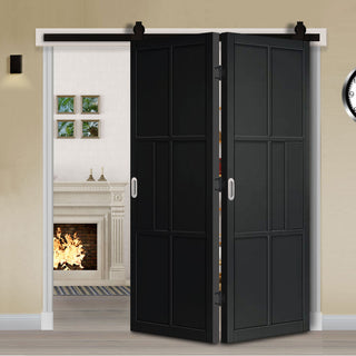 Image: SpaceEasi Top Mounted Black Folding Track & Double Door - Industrial Civic Black Internal Door - Prefinished