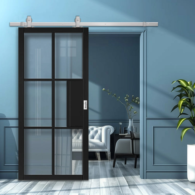 Top Mounted Stainless Steel Sliding Track & Door - Industrial Civic Black Internal Door - Clear Glass - Prefinished