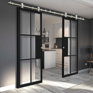 Image: Sirius Tubular Stainless Steel Sliding Track & Double Door - Industrial Civic Black Internal Door - Clear Glass - Prefinished