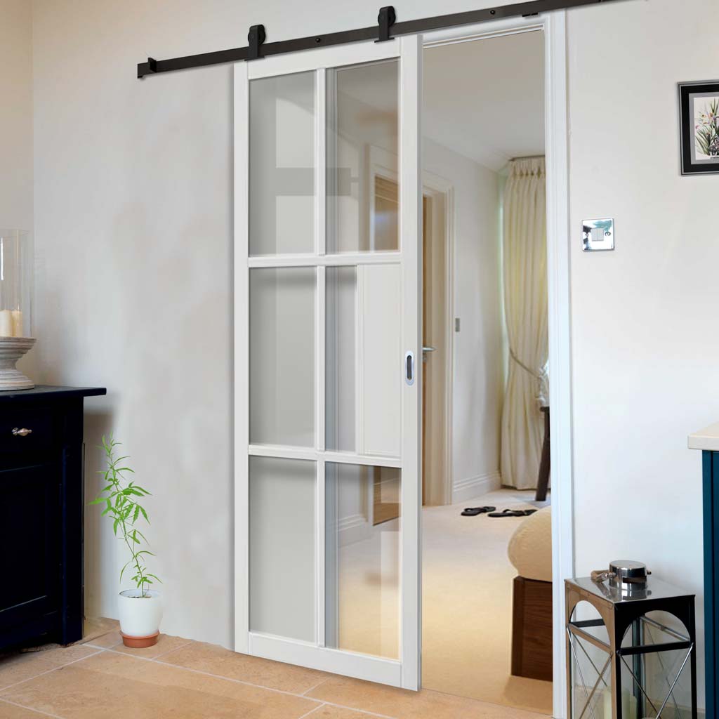 Top Mounted Black Sliding Track & Door - Industrial Civic White Internal Door - Clear Glass - Prefinished