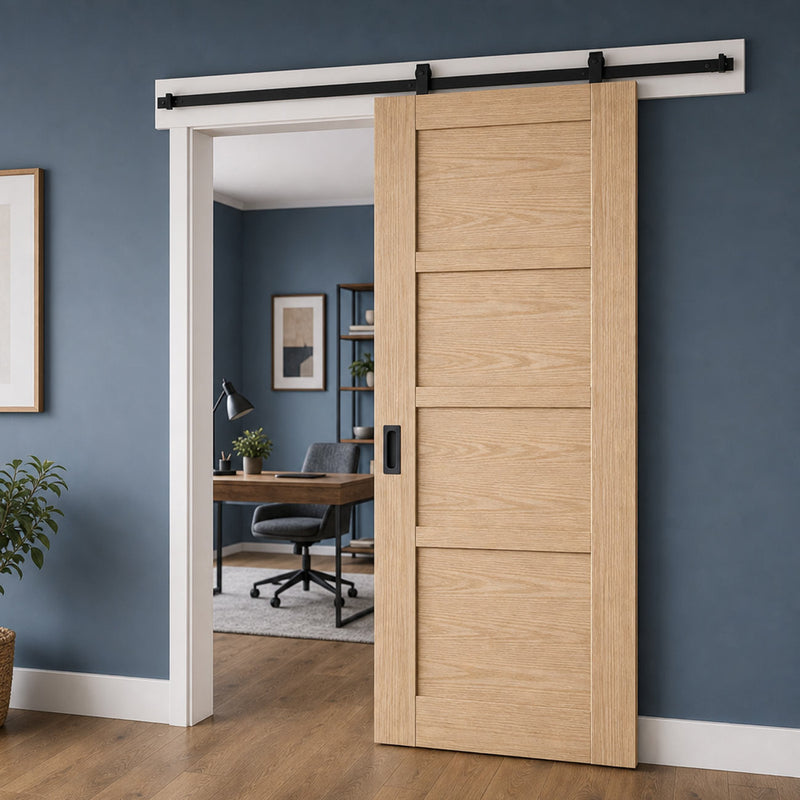 Top Mounted Black Sliding Track & Door - Value Classic Oak Shaker Internal Door - Unfinished