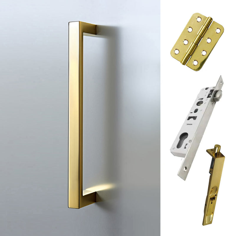 Concord 280mm Back to Back Double Door Pull Handle Pack - 6 Radius Cornered Hinges - Polished Gold Finish