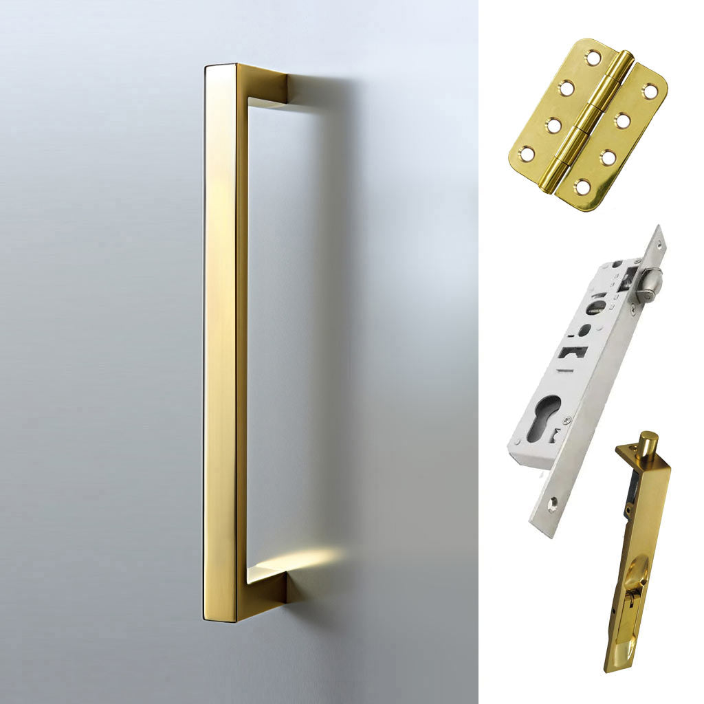 Concord 280mm Back to Back Double Door Pull Handle Pack - 8 Radius Cornered Hinges - Polished Gold Finish