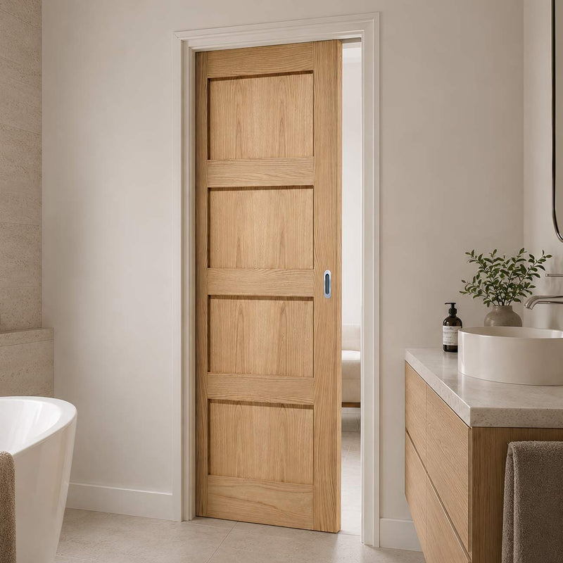 Contemporary Oak 4 Panel Single Evokit Pocket Door - Prefinished