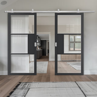 Image: Top Mounted Stainless Steel Sliding Track & Double Door - Industrial Cosmo Graphite Grey Internal Door - Clear Glass - Laminated - Prefinished