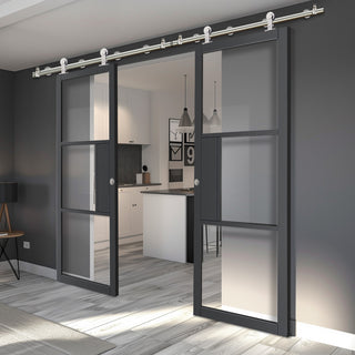 Image: Sirius Tubular Stainless Steel Sliding Track & Double Door - Industrial Cosmo Graphite Grey Internal Door - Clear Glass - Laminated - Prefinished