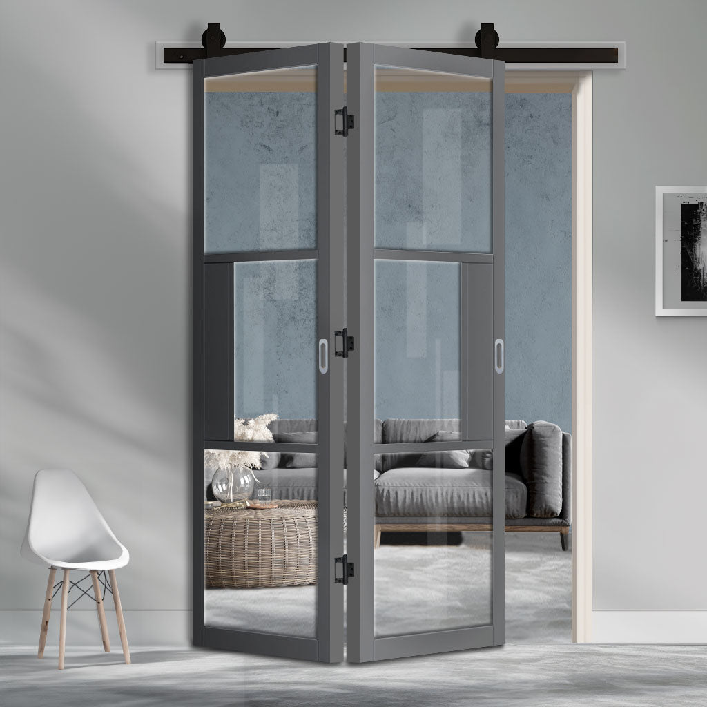 SpaceEasi Top Mounted Black Folding Track & Double Door - Industrial Cosmo Graphite Grey Internal Door - Clear Glass - Laminated - Prefinished