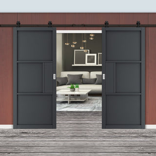 Image: Top Mounted Black Sliding Track & Double Door - Industrial Cosmo Graphite Grey Internal Door - Laminated - Prefinished