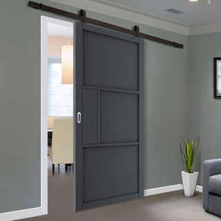 Image: Top Mounted Black Sliding Track & Door - Industrial Cosmo Graphite Grey Internal Door - Laminated - Prefinished