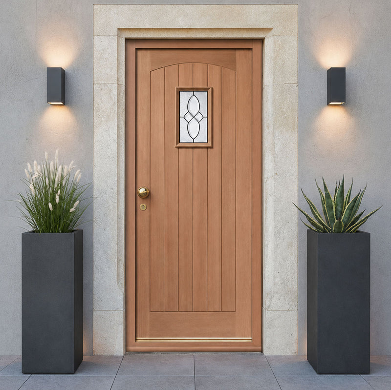 Cottage Hardwood External Front Door and Frame Set with Fittings - Part Obscure Double Glazing