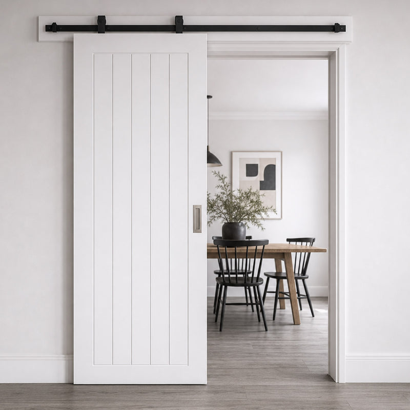 Top Mounted Black Sliding Track & Door - Value Cottage Style Internal Door - White Primed