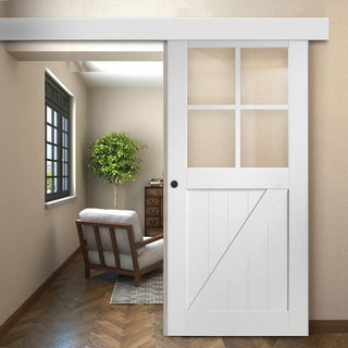 Image: Single Sliding Door & Wall Track - Frame Ledged and Braced Cottage with Clear Glass- White Primed