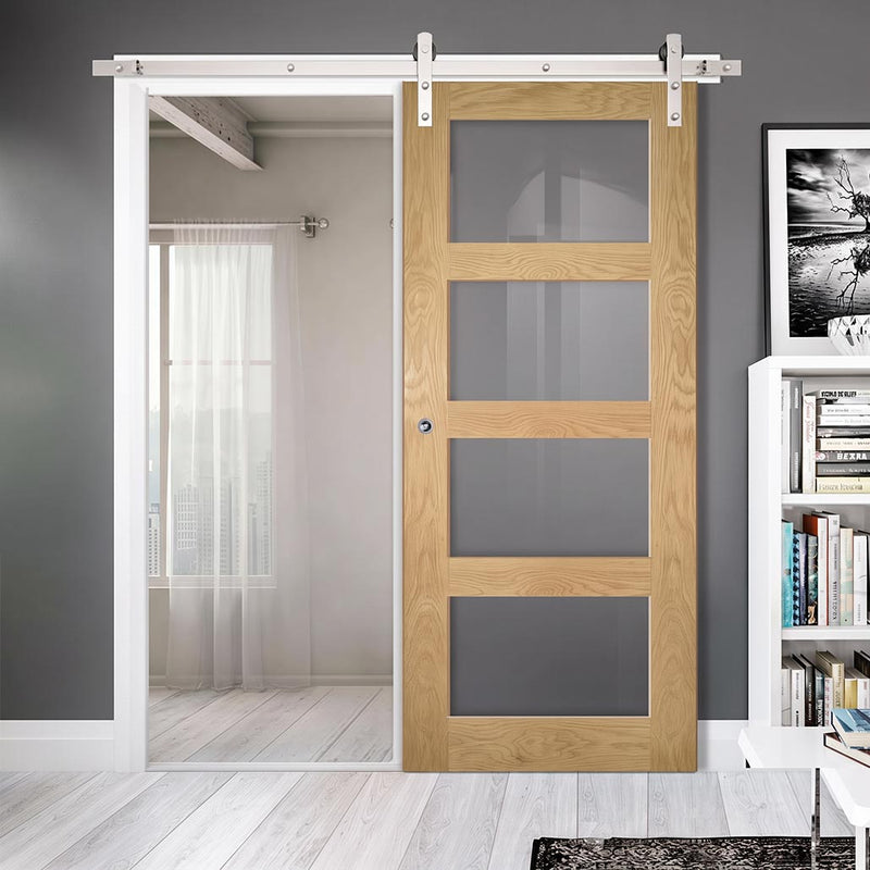 Single Sliding Door & Stainless Barn Steel Track - Coventry Shaker Style Oak Door - Clear Safety Glass - Unfinished