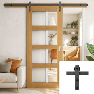 Image: Single Sliding Door & Black Barn Track - Coventry Oak Prefinished Shaker Style Door - Clear Safety Glass