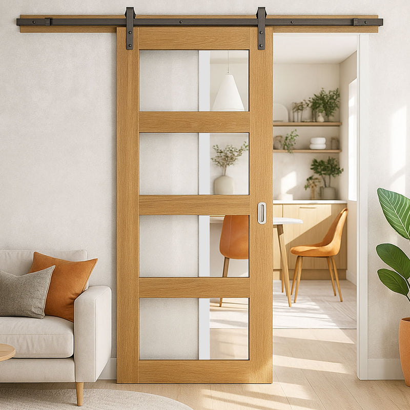 Single Sliding Door & Black Barn Track - Coventry Oak Prefinished Shaker Style Door - Clear Safety Glass
