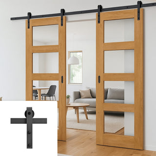 Image: Double Sliding Door & Black Barn Track - Coventry Oak 4 Pane Door - Clear Glass - Prefinished