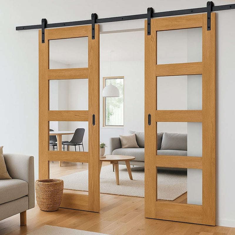 Double Sliding Door & Black Barn Track - Coventry Oak 4 Pane Door - Clear Glass - Prefinished